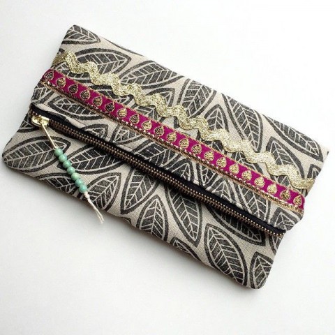 Andie Hanna Leaves Block Printed Linen Clutch