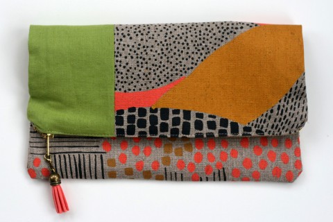 Patchwork clutch made of hand-printed fabric by Jen Hewett