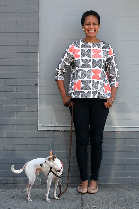 Print, Pattern, Sew: August 2015 by Jen Hewett. Two-color block print on Robert Kaufman's Essex linen-cotton blend. Sewing pattern is Dress #2 by Sonya Philip.