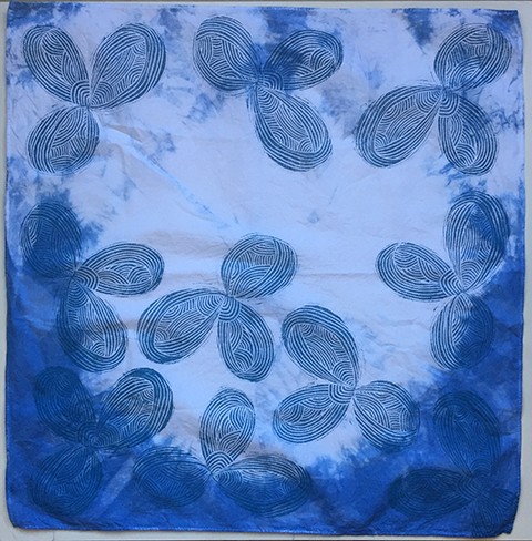 Indigo dyed and block printed bandanna by Jen Hewett