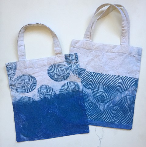 Indigo dyed and block printed bags by Jen Hewett